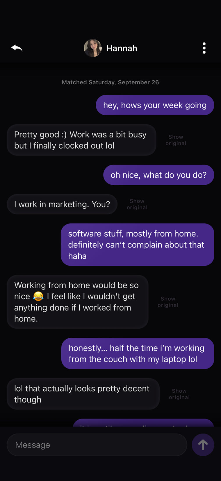 The same chat with Hannah, her messages translated into English.