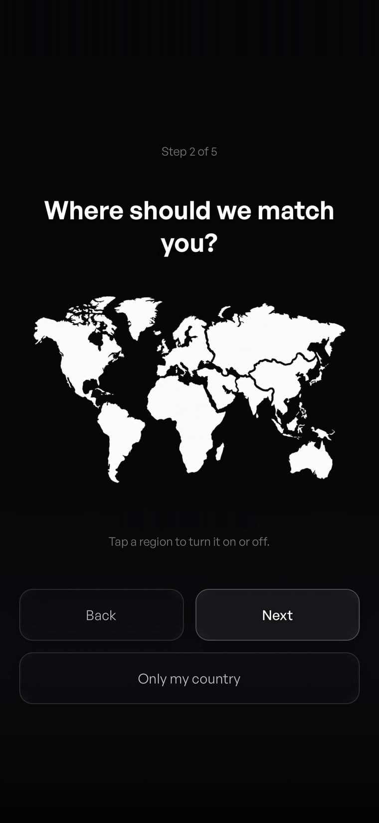 Choosing where to match: a world map with nine regions selected.