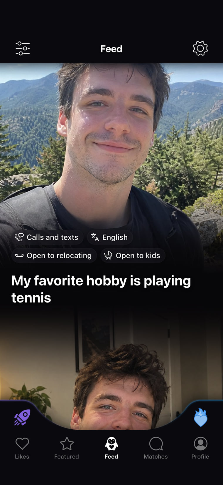 A profile scrolled to its details: calls and texts, English, open to relocating, open to kids, and a prompt about tennis.